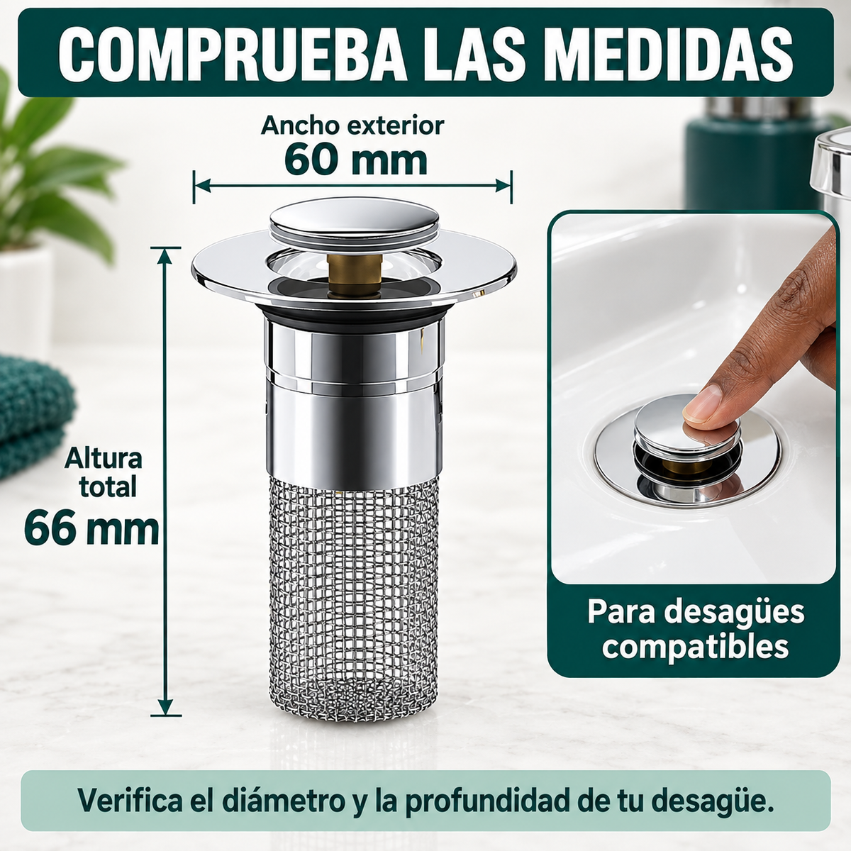 Tapón Filtro Acero Inoxidable | Drenaje Desplegable para Fregadero 2x1