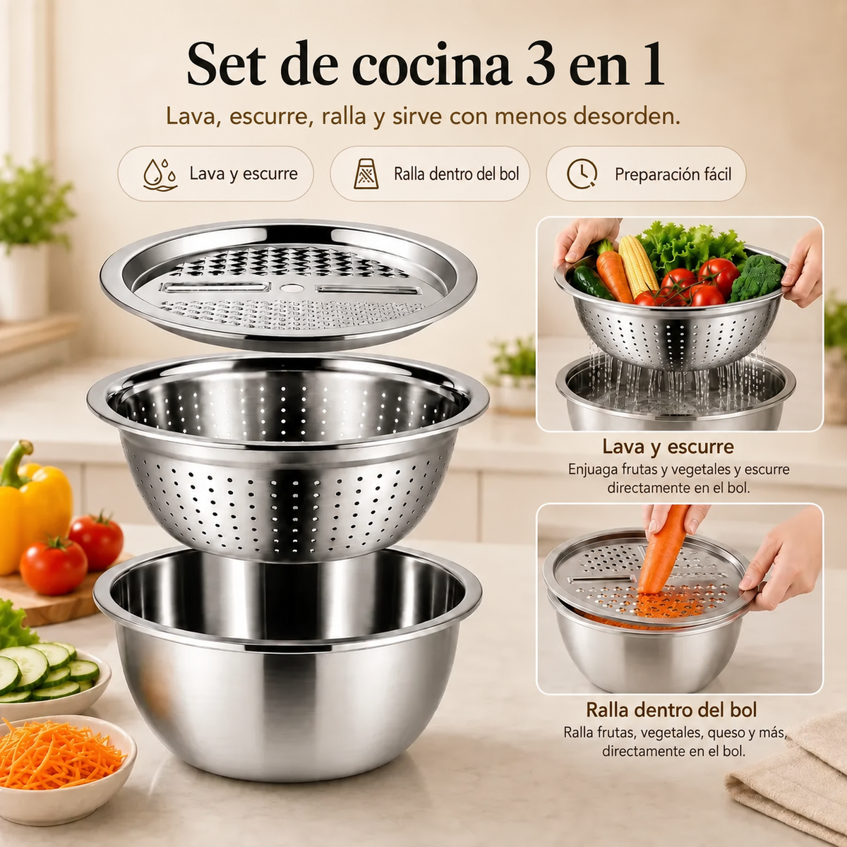 Kit de Cocina Multifunción | Un Práctico Conjunto de Acero Inoxidable para Lavar, Escurrir, Rallar y Mezclar, con Piezas que se Apilan para Ocupar Menos Espacio