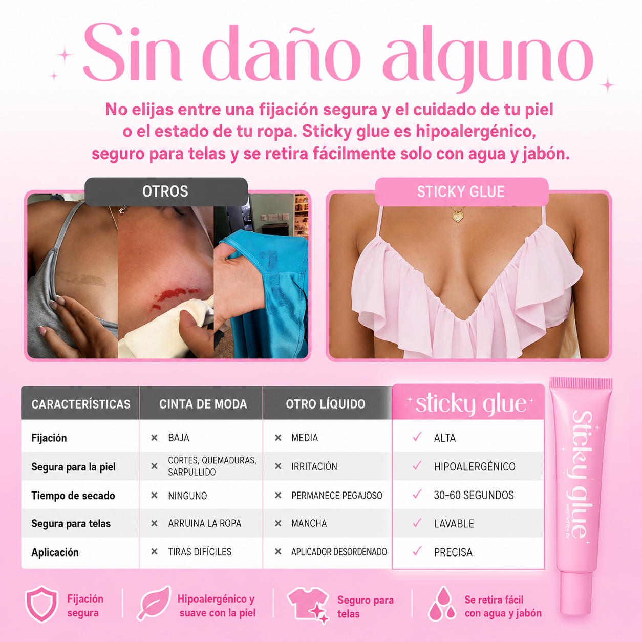 Sticky Glue | Adhesivo Líquido para Ropa que Mantiene Todo en su Lugar. Resistente al Agua, Invisible y sin Residuos.