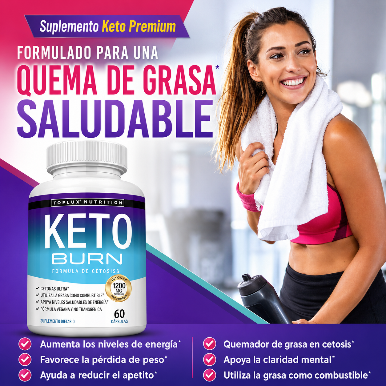 Toplux Keto | Quemador de Grasa Cetogénico Natural Ultra Avanzado de 1200 mg