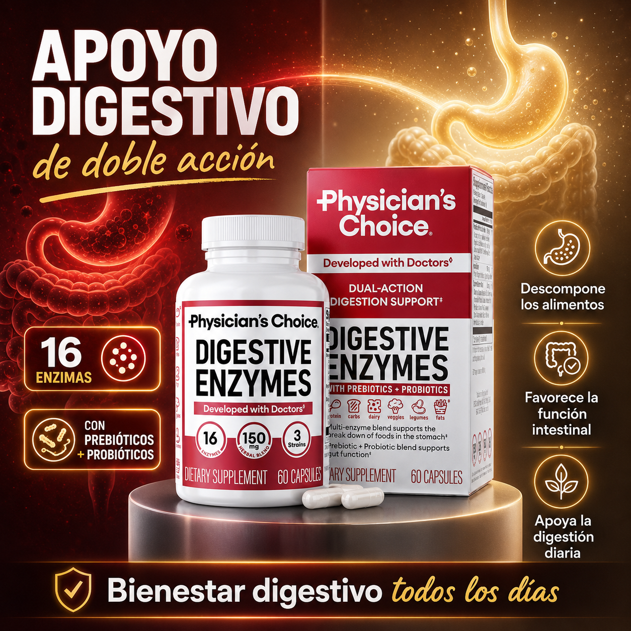 Probiótico Choice | Con 60 Mil Millones de Bacterias Buenas y 10 Cepas Diferentes, para Ayudarte a Mejorar tu Digestión