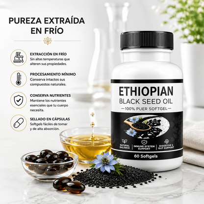Aceite de Semilla Negra Etíope | Cápsulas Fáciles de Tomar, Sin Sabor Fuerte y con Fórmula Limpia.