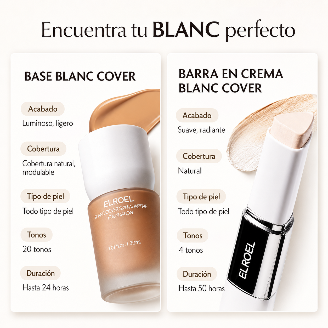 ELROEL | Base Coreana en Stick con Brocha Integrada que Cambia de Color al Contacto con la Piel