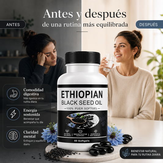 Aceite de Semilla Negra Etíope | Cápsulas Fáciles de Tomar, Sin Sabor Fuerte y con Fórmula Limpia.