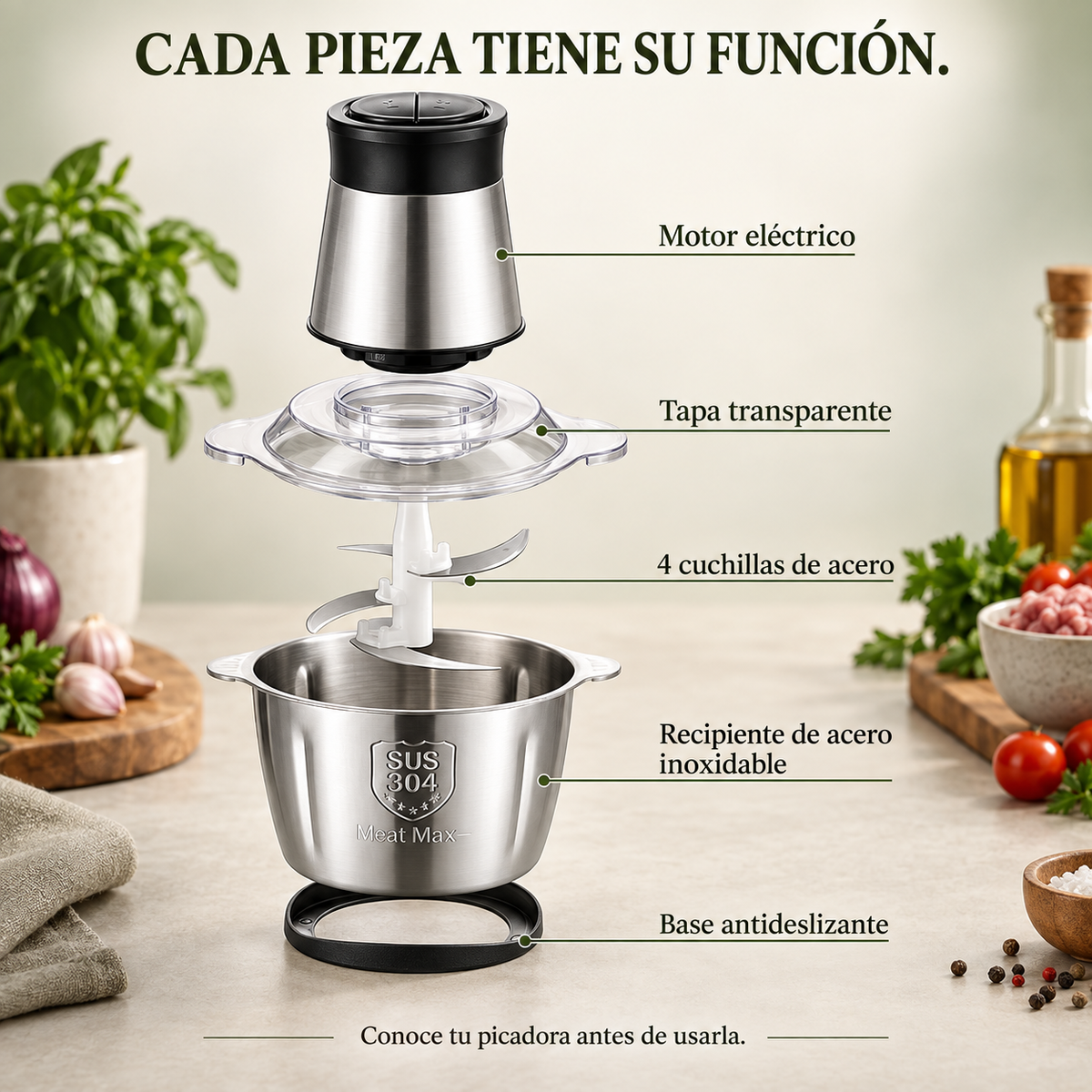 Picadora de Verduras |Pica Verduras, Carne y Condimentos con Dos Velocidades y Cuatro Cuchillas, en un Recipiente de Acero Inoxidable Desmontable