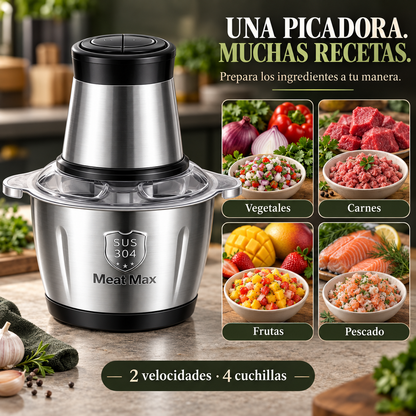 Picadora de Verduras |Pica Verduras, Carne y Condimentos con Dos Velocidades y Cuatro Cuchillas, en un Recipiente de Acero Inoxidable Desmontable