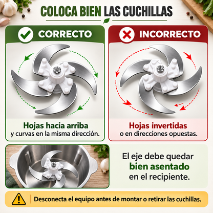 Picadora de Verduras |Pica Verduras, Carne y Condimentos con Dos Velocidades y Cuatro Cuchillas, en un Recipiente de Acero Inoxidable Desmontable