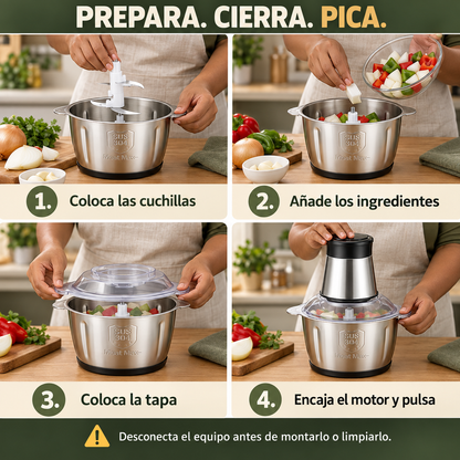 Picadora de Verduras |Pica Verduras, Carne y Condimentos con Dos Velocidades y Cuatro Cuchillas, en un Recipiente de Acero Inoxidable Desmontable