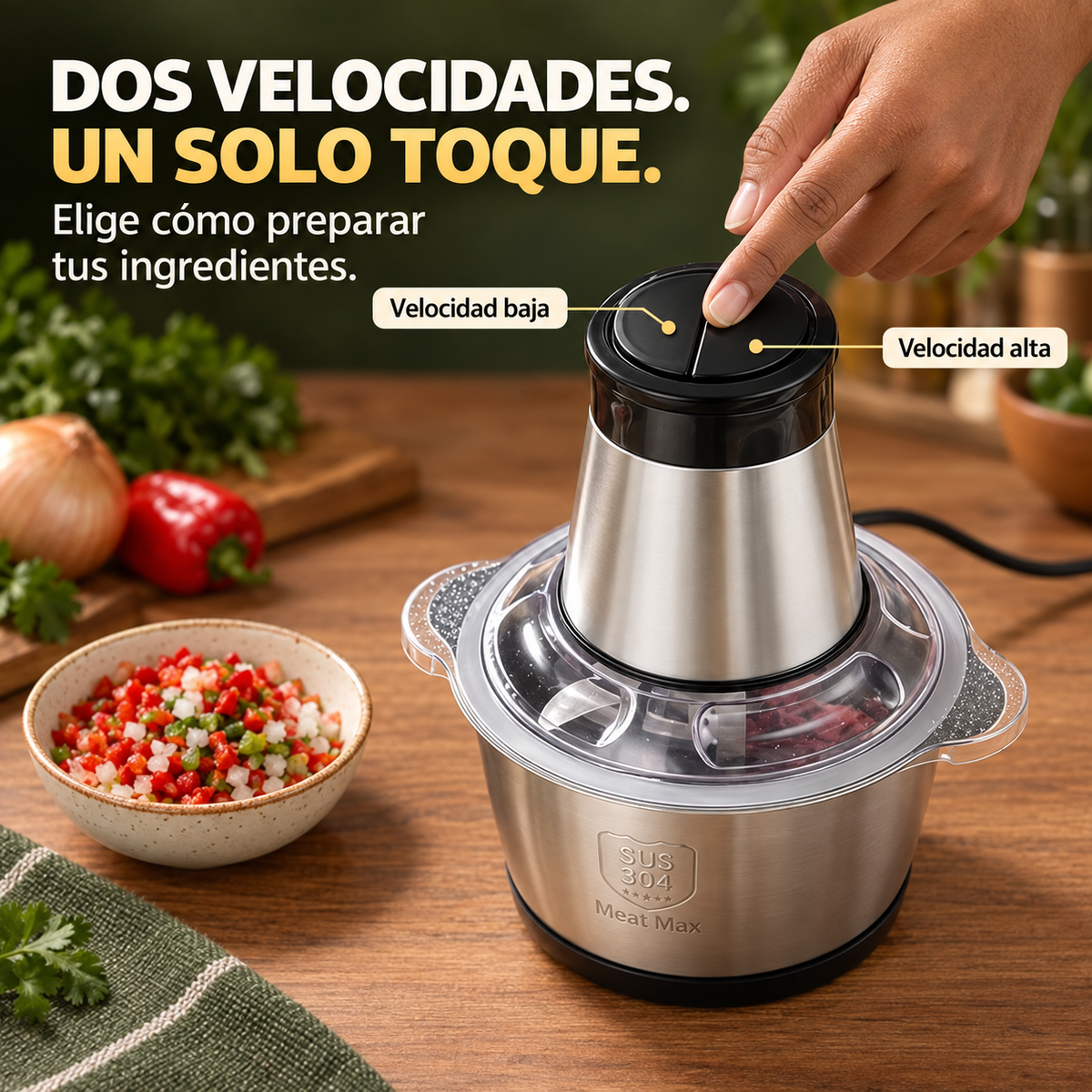 Picadora de Verduras |Pica Verduras, Carne y Condimentos con Dos Velocidades y Cuatro Cuchillas, en un Recipiente de Acero Inoxidable Desmontable