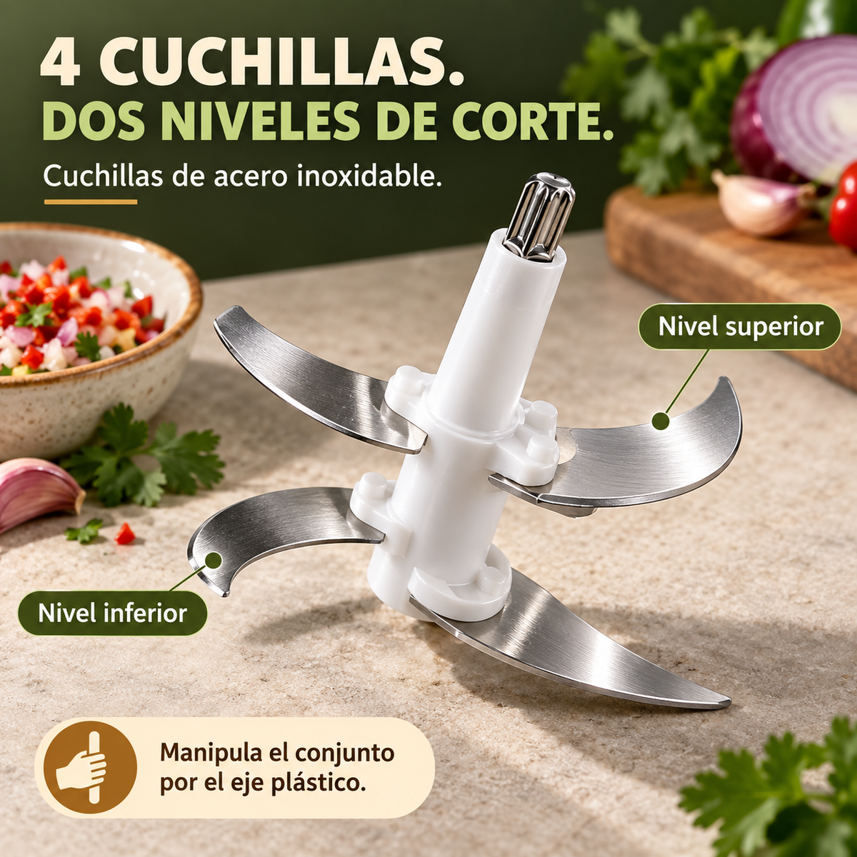 Picadora de Verduras |Pica Verduras, Carne y Condimentos con Dos Velocidades y Cuatro Cuchillas, en un Recipiente de Acero Inoxidable Desmontable