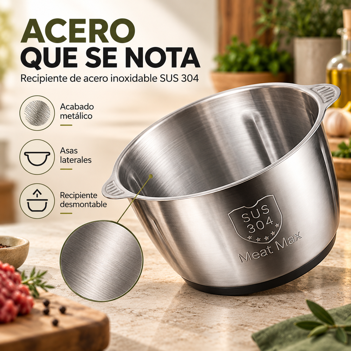 Picadora de Verduras |Pica Verduras, Carne y Condimentos con Dos Velocidades y Cuatro Cuchillas, en un Recipiente de Acero Inoxidable Desmontable