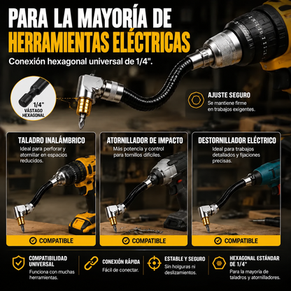 Adaptador Flexible de Taladro en Angulo Recto de 90° para Espacios Reducidos