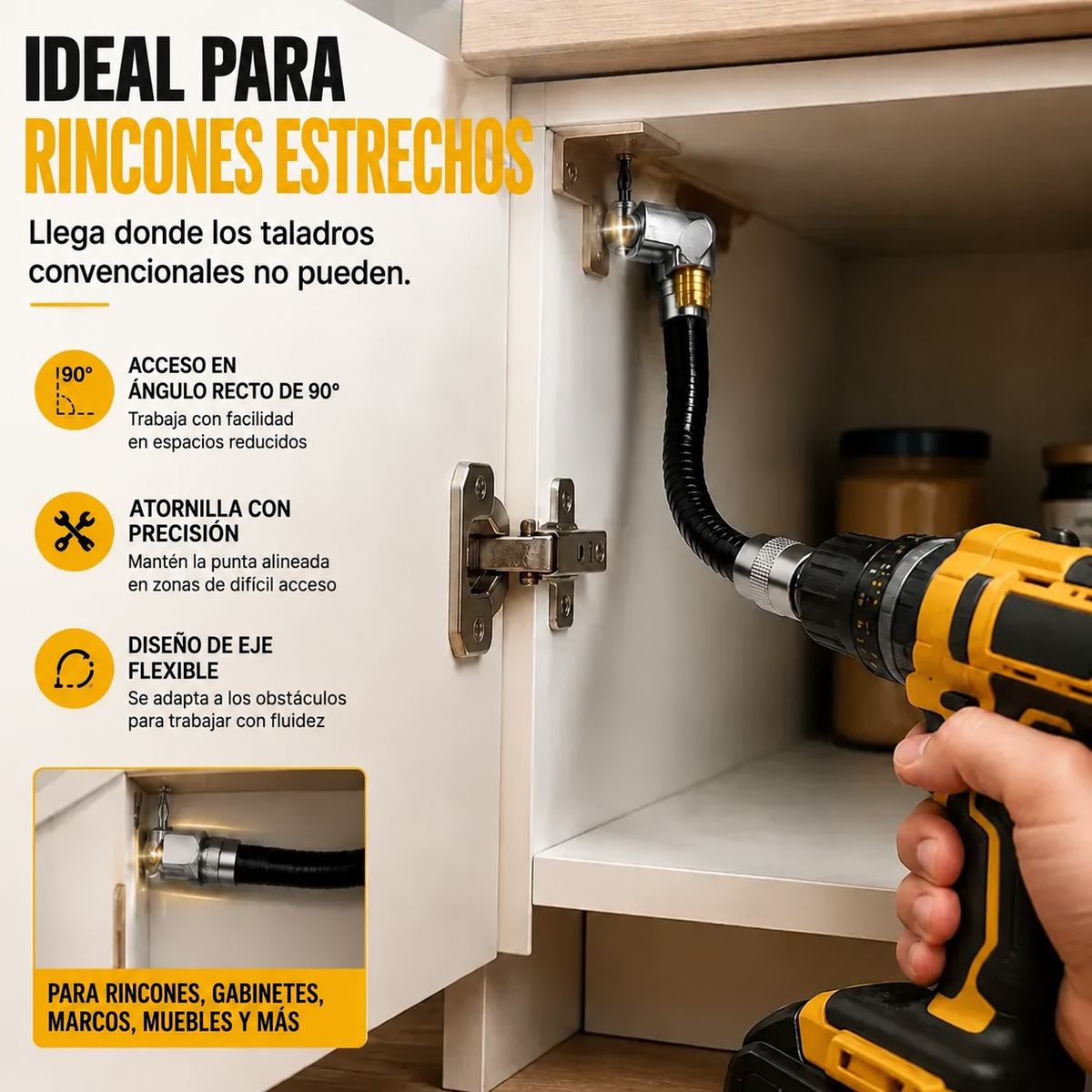 Adaptador Flexible de Taladro en Angulo Recto de 90° para Espacios Reducidos