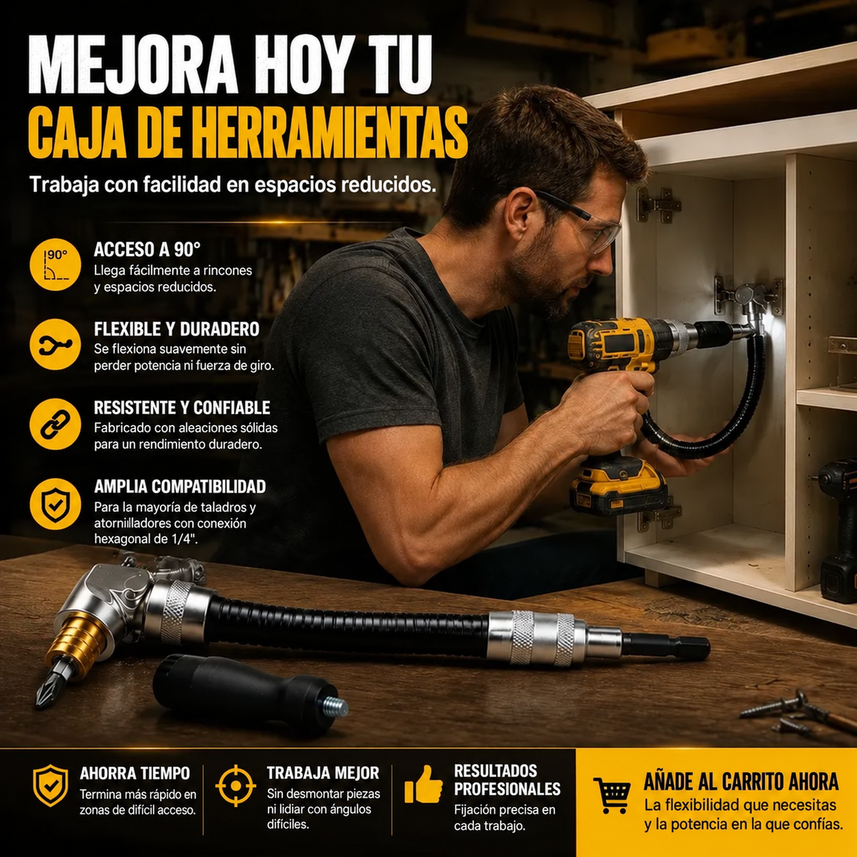 Adaptador Flexible de Taladro en Angulo Recto de 90° para Espacios Reducidos