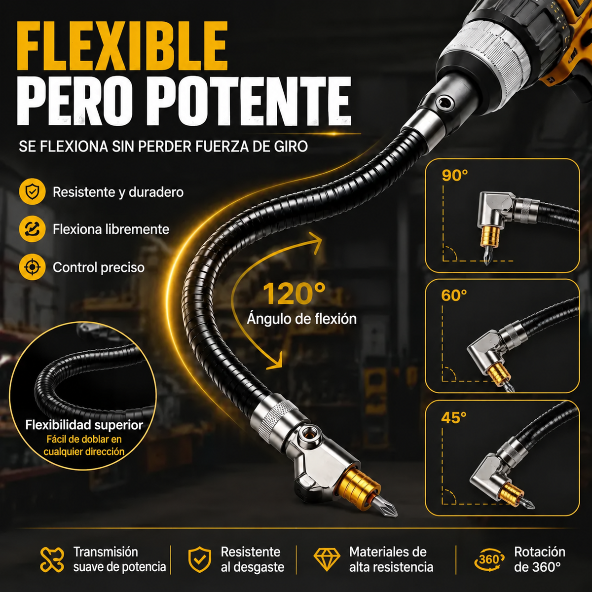 Adaptador Flexible de Taladro en Angulo Recto de 90° para Espacios Reducidos