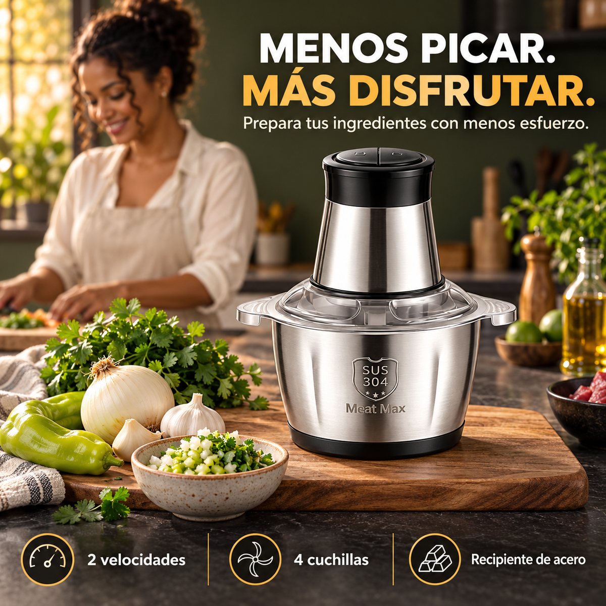 Picadora de Verduras |Pica Verduras, Carne y Condimentos con Dos Velocidades y Cuatro Cuchillas, en un Recipiente de Acero Inoxidable Desmontable