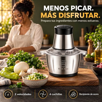 Picadora de Verduras |Pica Verduras, Carne y Condimentos con Dos Velocidades y Cuatro Cuchillas, en un Recipiente de Acero Inoxidable Desmontable