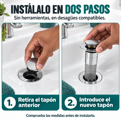 Tapón Filtro Acero Inoxidable | Drenaje Desplegable para Fregadero 2x1