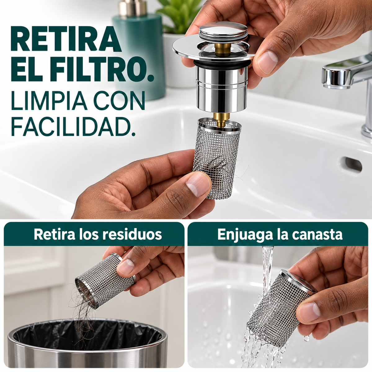 Tapón Filtro Acero Inoxidable | Drenaje Desplegable para Fregadero 2x1
