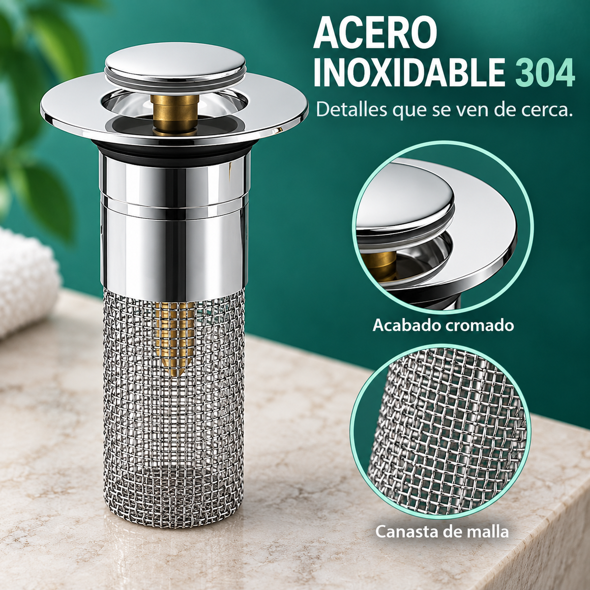 Tapón Filtro Acero Inoxidable | Drenaje Desplegable para Fregadero 2x1