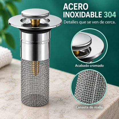 Tapón Filtro Acero Inoxidable | Drenaje Desplegable para Fregadero 2x1