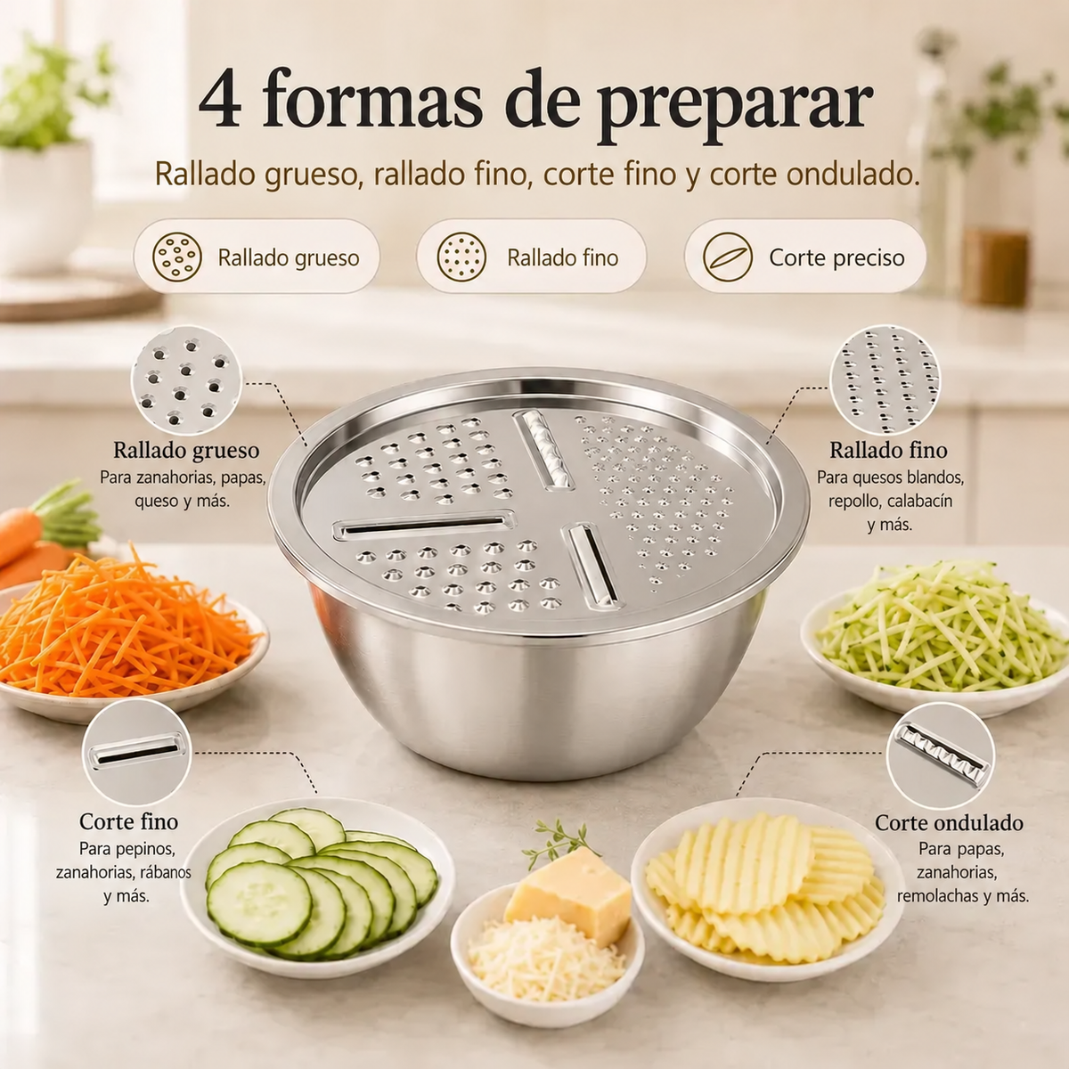 Kit de Cocina Multifunción | Un Práctico Conjunto de Acero Inoxidable para Lavar, Escurrir, Rallar y Mezclar, con Piezas que se Apilan para Ocupar Menos Espacio