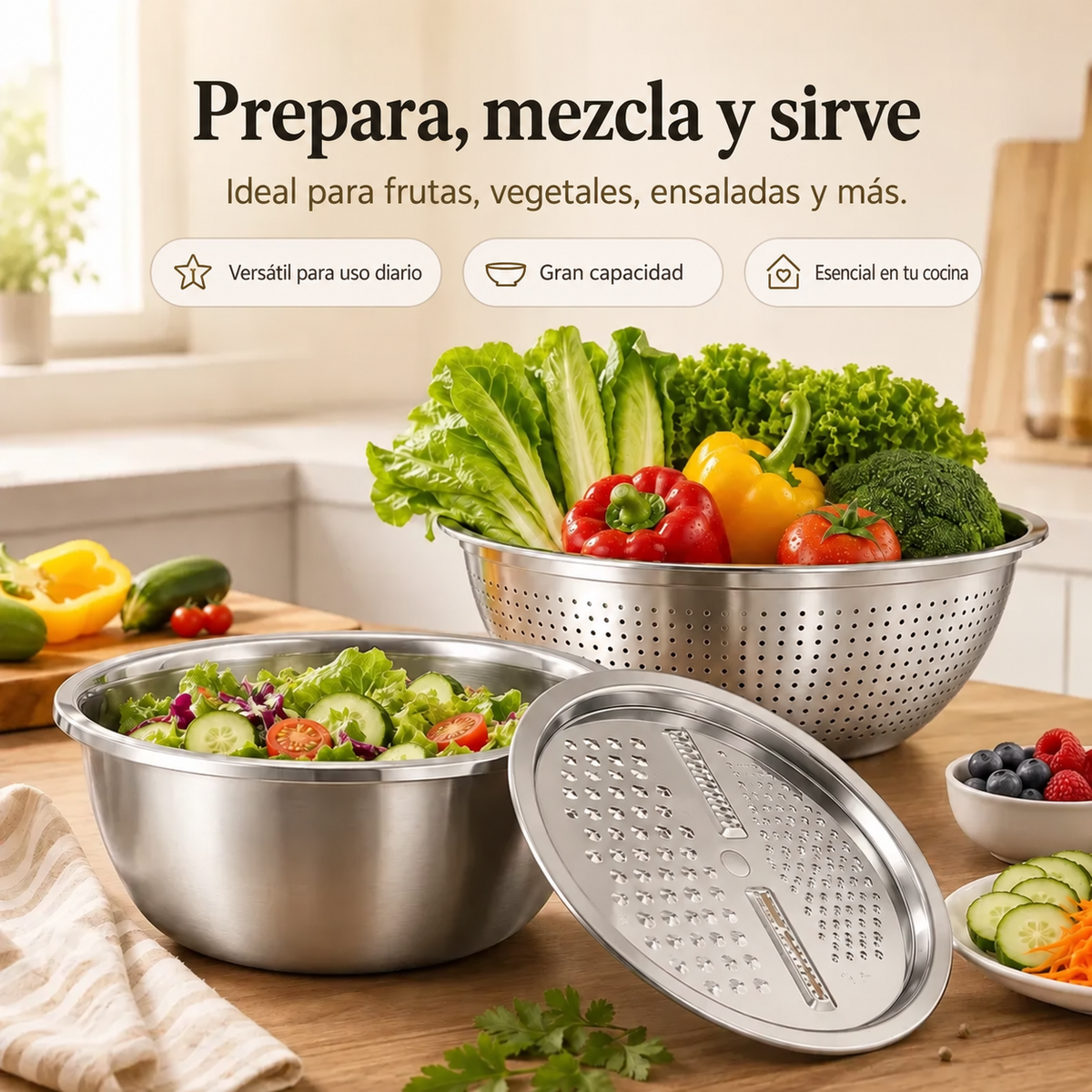 Kit de Cocina Multifunción | Un Práctico Conjunto de Acero Inoxidable para Lavar, Escurrir, Rallar y Mezclar, con Piezas que se Apilan para Ocupar Menos Espacio
