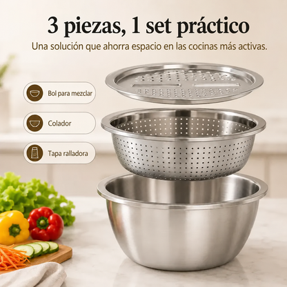 Kit de Cocina Multifunción | Un Práctico Conjunto de Acero Inoxidable para Lavar, Escurrir, Rallar y Mezclar, con Piezas que se Apilan para Ocupar Menos Espacio