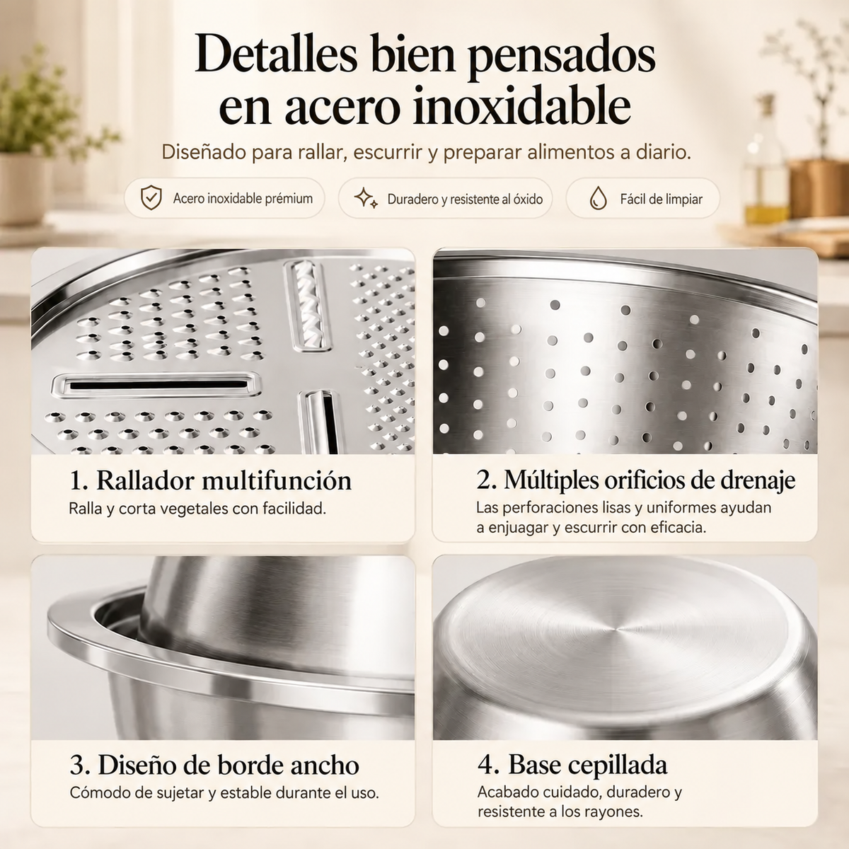 Kit de Cocina Multifunción | Un Práctico Conjunto de Acero Inoxidable para Lavar, Escurrir, Rallar y Mezclar, con Piezas que se Apilan para Ocupar Menos Espacio