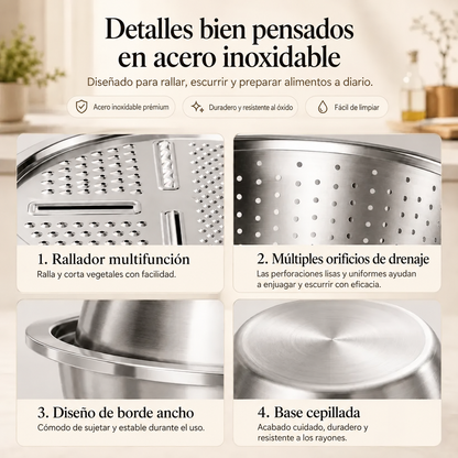 Kit de Cocina Multifunción | Un Práctico Conjunto de Acero Inoxidable para Lavar, Escurrir, Rallar y Mezclar, con Piezas que se Apilan para Ocupar Menos Espacio