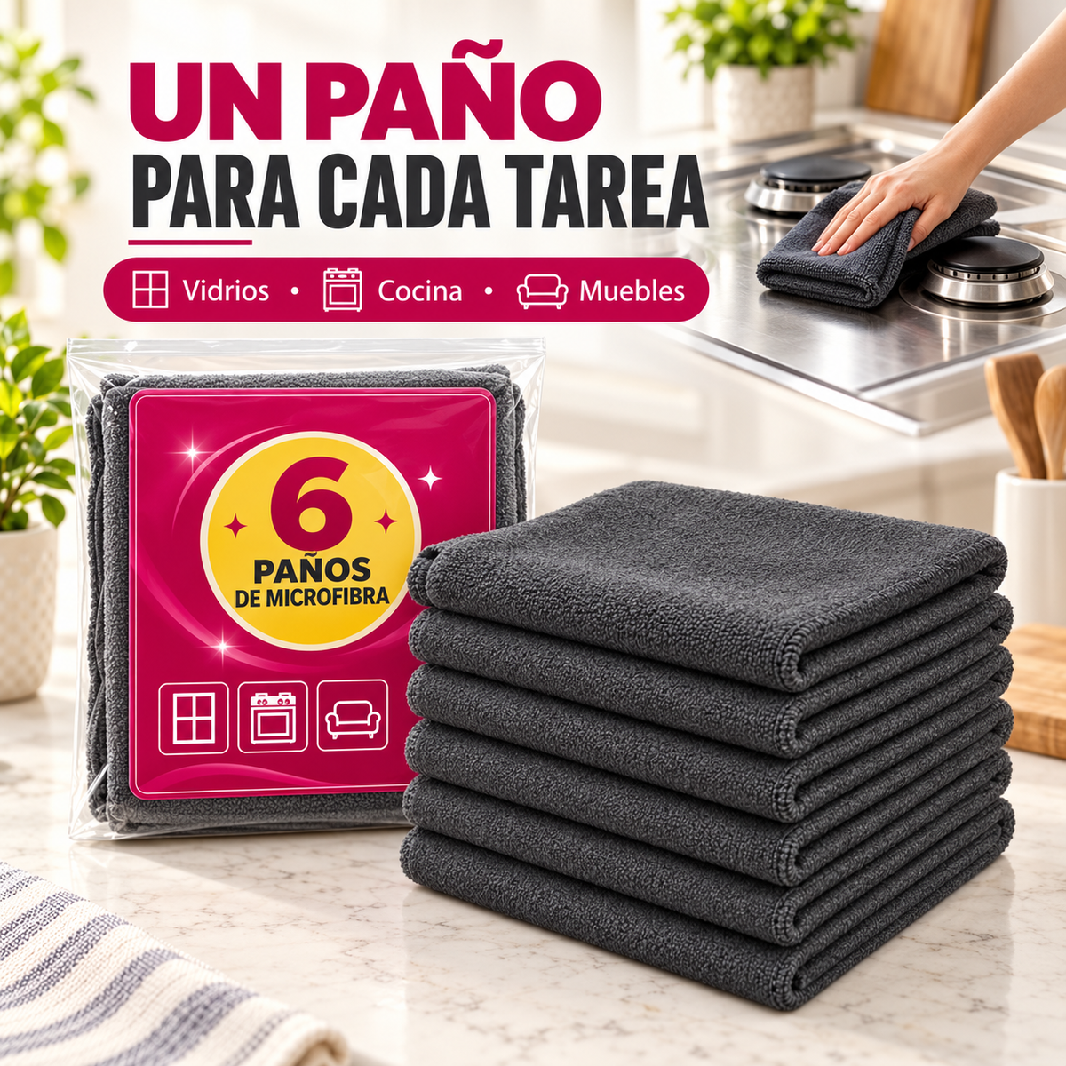 Pack de 6 Paños de Limpieza Magic | Toallitas de Microfibra que no Dejan Marcas para la Cocina