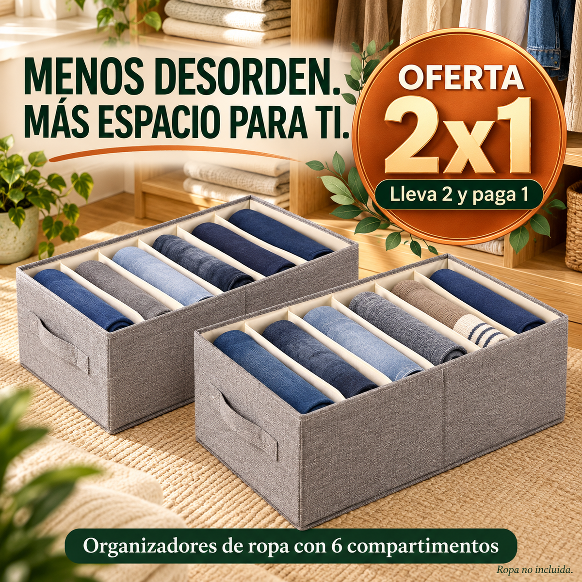 Organizador Individual de Ropa 2x1 | Caja de Almacenamiento con Compartimentos y Asas Plegable para Ropa