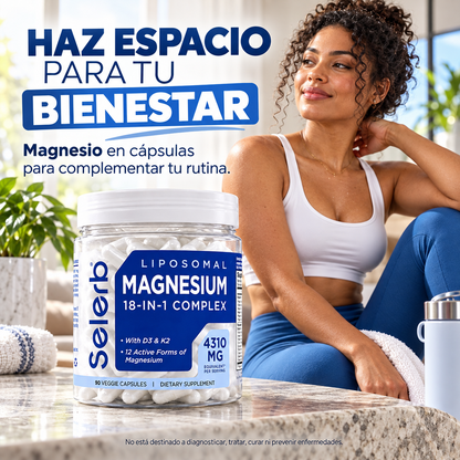 Complejo de Magnesio 18 en 1 | Suplemento de Magnesio Liposomal con Glicinato, Citrato, Malato, Taurato, D3 y K2