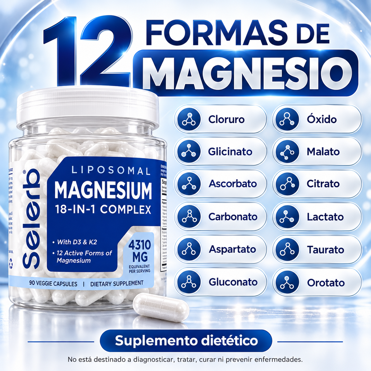 Complejo de Magnesio 18 en 1 | Suplemento de Magnesio Liposomal con Glicinato, Citrato, Malato, Taurato, D3 y K2