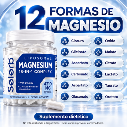 Complejo de Magnesio 18 en 1 | Suplemento de Magnesio Liposomal con Glicinato, Citrato, Malato, Taurato, D3 y K2