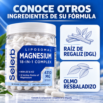 Complejo de Magnesio 18 en 1 | Suplemento de Magnesio Liposomal con Glicinato, Citrato, Malato, Taurato, D3 y K2