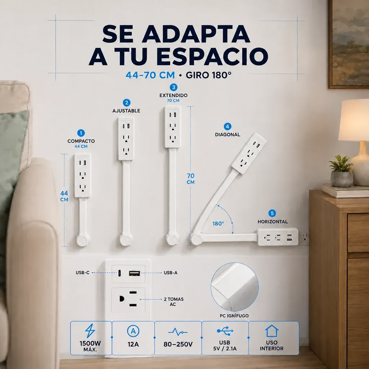 Extensor Tomacorriente | Deja de Mover Muebles Cada vez que Necesitas Conectar Algo, se Instala en Segundos, sin Herramientas