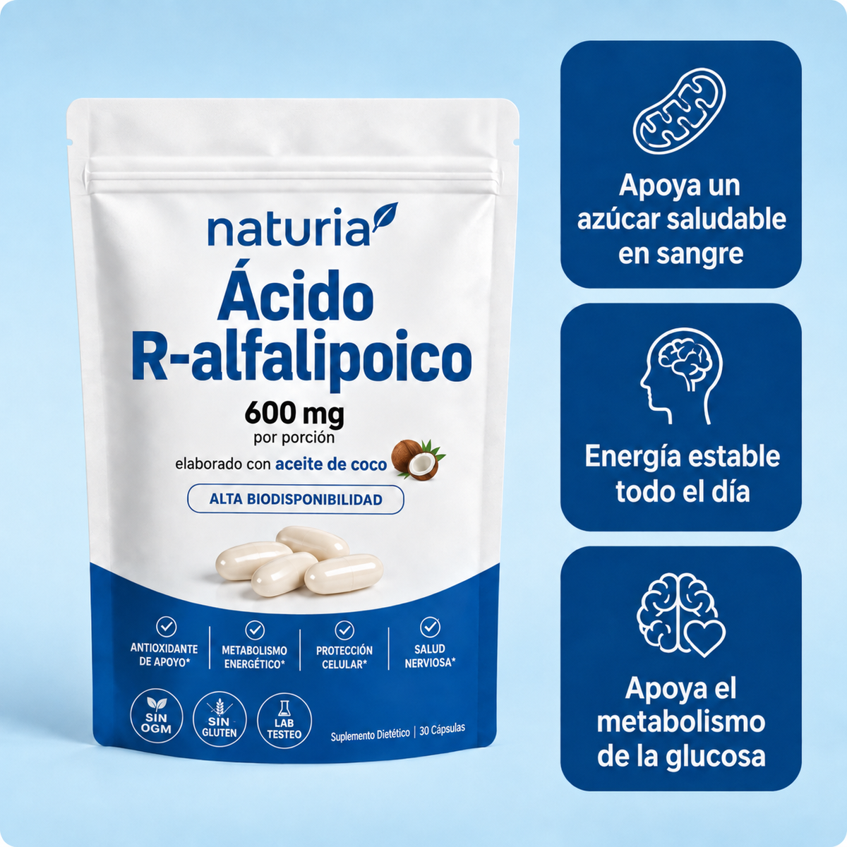Acido R-Alfa Lipoico | Naturia R‑ALA Combina 600 mg de Acido R‑Alfa Lipoico en su Forma Activa con Aceite de Coco, en una Práctica Cápsula Diaria.