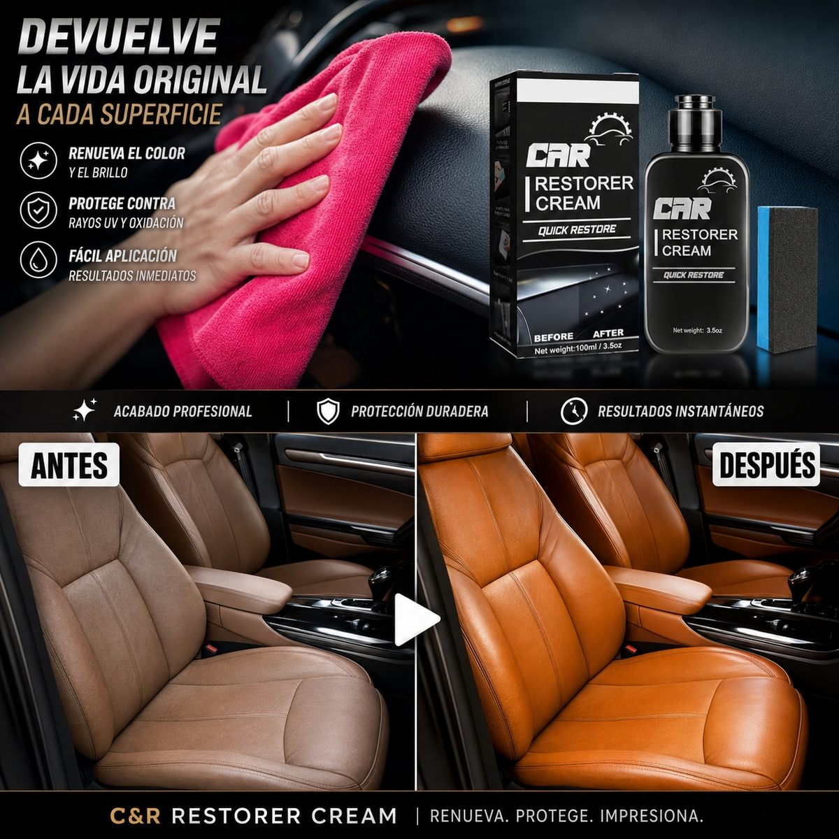 Renovador de Plástico Interior para Auto | Restaura Color y Brillo sin Residuo Grasoso. Oferta 2x1: Lleva Dos y Renueva Todo tu Interior de una Sola vez.