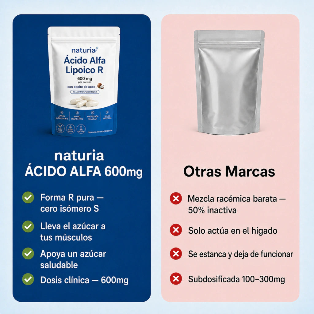Acido R-Alfa Lipoico | Naturia R‑ALA Combina 600 mg de Acido R‑Alfa Lipoico en su Forma Activa con Aceite de Coco, en una Práctica Cápsula Diaria.