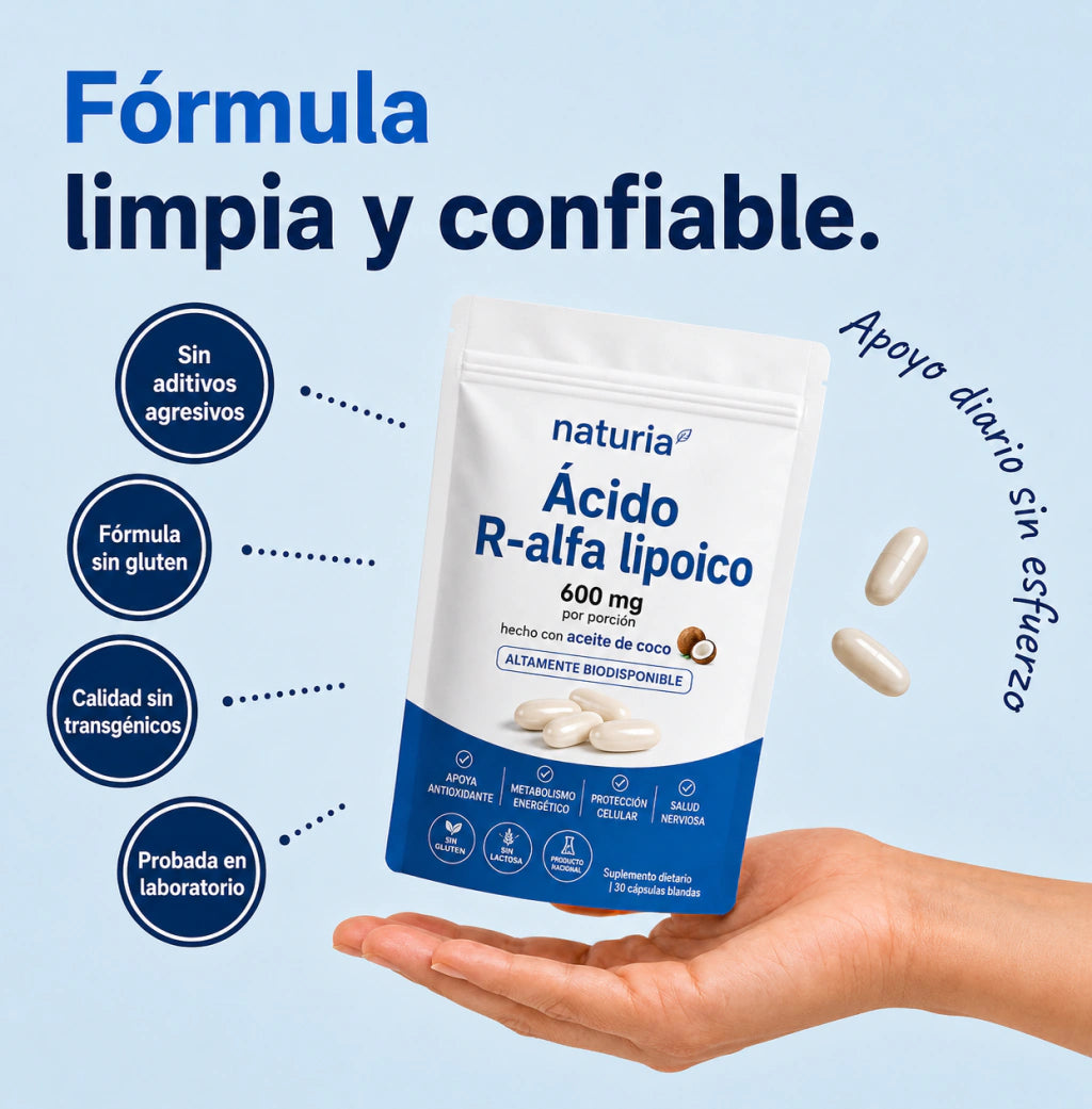 Acido R-Alfa Lipoico | Naturia R‑ALA Combina 600 mg de Acido R‑Alfa Lipoico en su Forma Activa con Aceite de Coco, en una Práctica Cápsula Diaria.