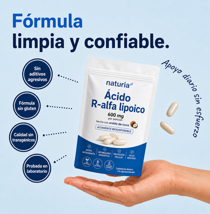 Acido R-Alfa Lipoico | Naturia R‑ALA Combina 600 mg de Acido R‑Alfa Lipoico en su Forma Activa con Aceite de Coco, en una Práctica Cápsula Diaria.