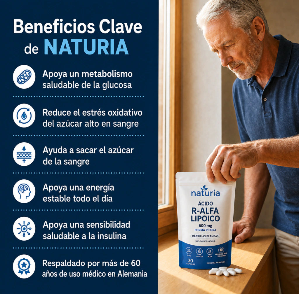 Acido R-Alfa Lipoico | Naturia R‑ALA Combina 600 mg de Acido R‑Alfa Lipoico en su Forma Activa con Aceite de Coco, en una Práctica Cápsula Diaria.