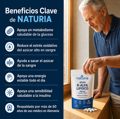 Acido R-Alfa Lipoico | Naturia R‑ALA Combina 600 mg de Acido R‑Alfa Lipoico en su Forma Activa con Aceite de Coco, en una Práctica Cápsula Diaria.